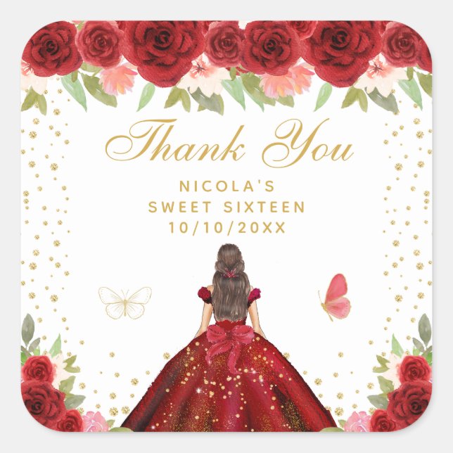 Sticker Carré Rouge Florale Brunette Cheveux Princesse Sweet Sei (Devant)