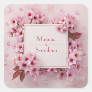 Sticker Carré Rouge Foncé Fleur de Cerisier Or Marbre Mariage