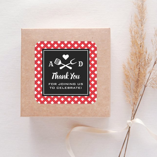 Sticker Carré Rouge Gingham Rustique Mariage BBQ Merci (Créateur téléchargé)