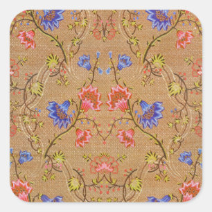 Sticker Carré Rouge Impérial & Or Broderie Florale en Soie