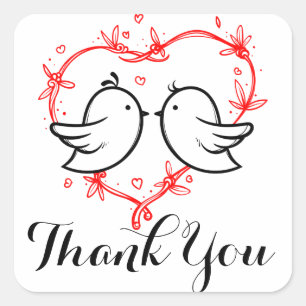 Sticker Carré Rouge Merci Oiseaux d'amour Cœur Mariage Fête