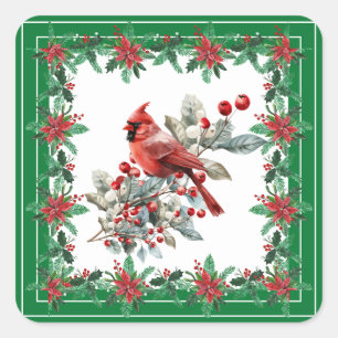 Sticker Carré Rouge Mockingbird Poinsettia Frontières Vert