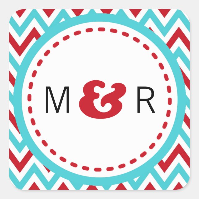 Sticker Carré Rouge moderne et Aqua Chevron & Lovebirds Mariage (Devant)