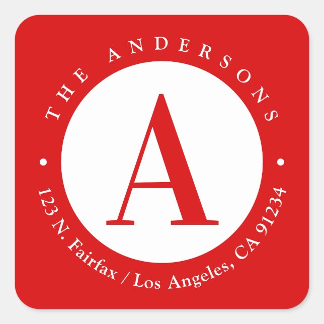 Sticker Carré Rouge | Monogramme circulaire d'adresse de retour (Devant)