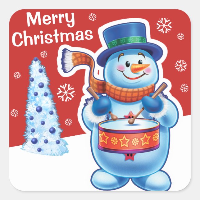 sticker carré rouge Noël Snowman batteur. (Devant)