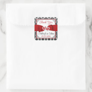 Sticker Carré Rouge, Noir, Blanc Damas Amour Coeurs Mariage Fave