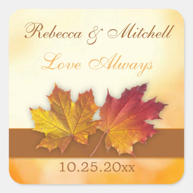 Sticker Carré Rouge or automne érable feuille Mariage (Devant)