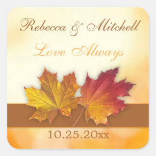 Sticker Carré Rouge or automne érable feuille Mariage