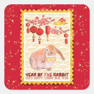 Sticker Carré Rouge Or Bonne Année lunaire du Lapin