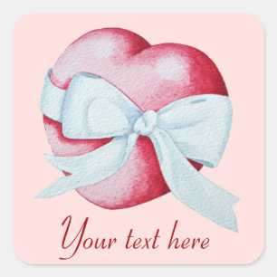Sticker Carré rouge romantique cœur d'amour et nœud blanc
