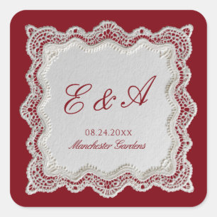 Sticker Carré Rouge Rouge Ancien Argent Mariage Dentelle