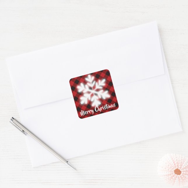 Sticker Carré Rouge rustique et noir plaid - flocons de neige (Enveloppe)