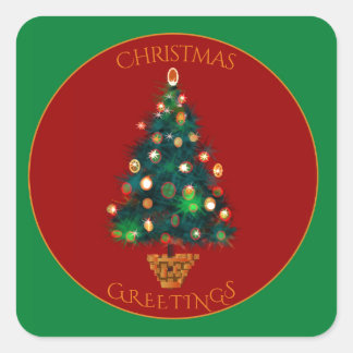 Sticker Carré Rouge vert avec arbre de Noël coloré