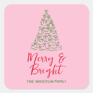 Sticker Carré Rouge vert Pink Main Tiroirs tirés Arbre Noël