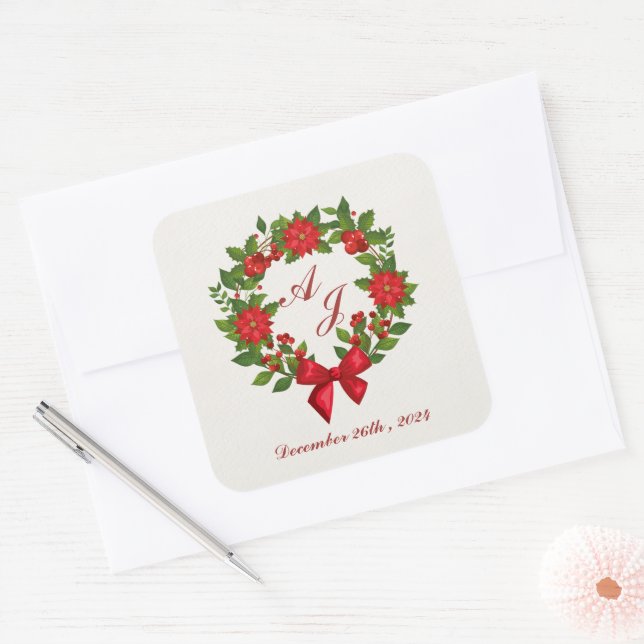 Sticker Carré Rouge vert Poinsettia Monogram mariage de Noël (Enveloppe)
