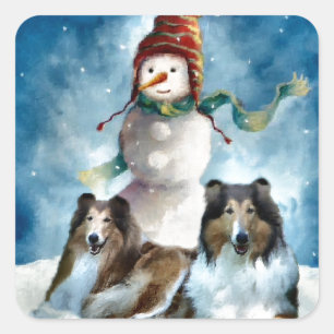 Sticker Carré Rough Collie avec Snowman Christmas