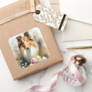 Sticker Carré Rough Collie Chien avec Oeufs de Pâques Fête