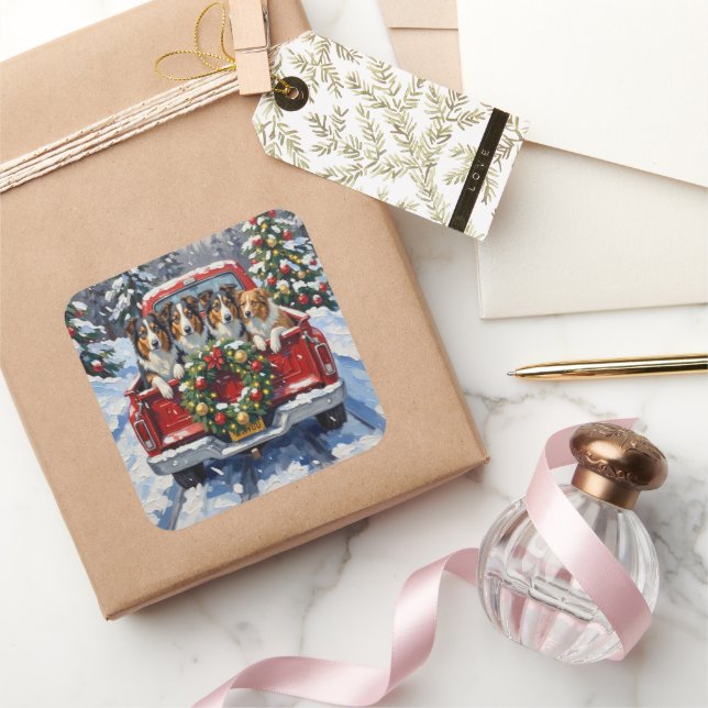 Sticker Carré Rough Collie Christmas Red Truck Holiday (Cadeaux)