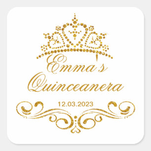 Sticker Carré Rouleaux d'or, logo personnalisé Tiara Quinceanera