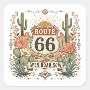 Sticker Carré Route 66 Âme de la Route Sud-Ouest Fleur Désertiqu