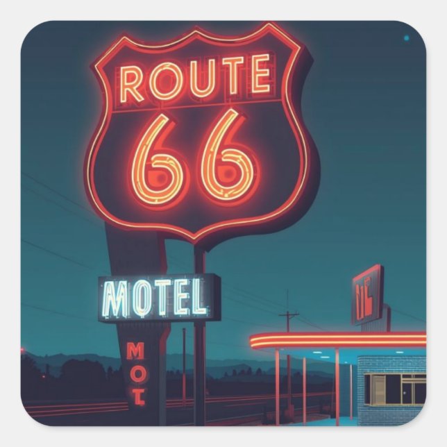 Sticker Carré Route 66 Neon Motel Night Travel Art (Devant)