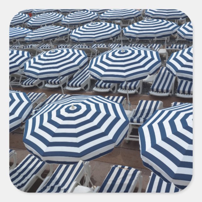 Sticker Carré Rows of Striped Beach Umbrellas With Sun Beds (Devant)