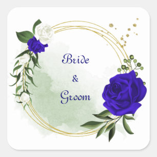 Sticker Carré royal bleu & blanc fleurs verdure or couronne
