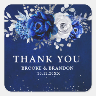 Sticker Carré Royal Bleu Blanc Métallique Argent Floral Mariage