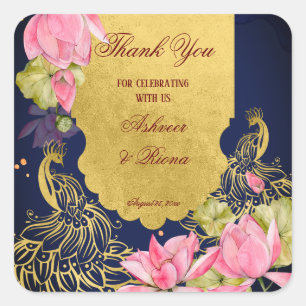 Sticker Carré Royal bleu or paon lotus mariage indien