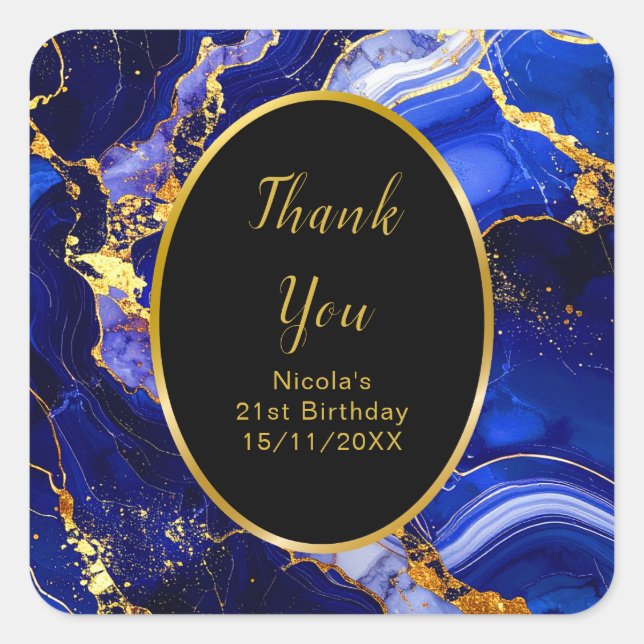 Sticker Carré Royal Blue and Gold Marble Agate Birthday Party (Devant)