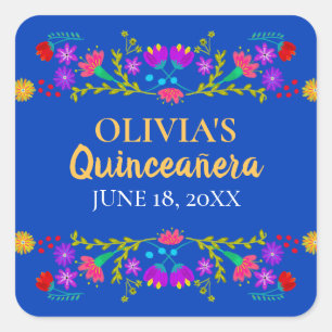 Sticker Carré Royal Blue Mes Quince Ans Fleurs de Fête Mexicaine