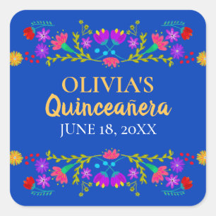 Sticker Carré Royal Blue Mis Quince Anos Fleurs de Fiesta Mexica