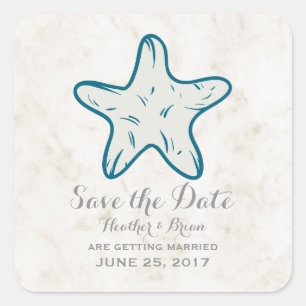 Sticker Carré Royal Blue Rustic Starfish Enregistrer la date
