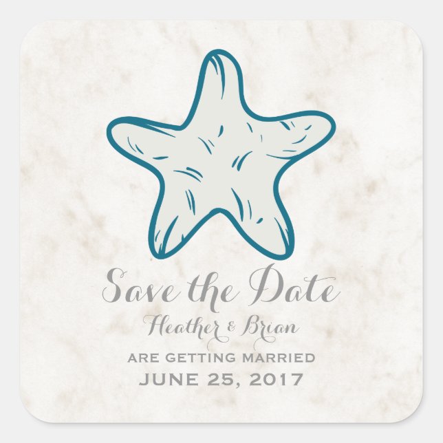 Sticker Carré Royal Blue Rustic Starfish Enregistrer la date (Devant)