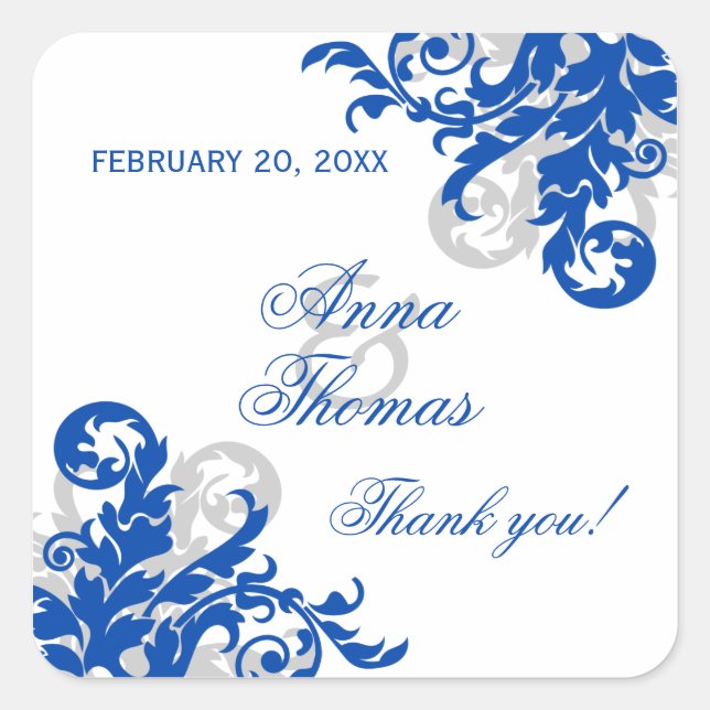 Sticker Carré Royal Blue Silver Flourish Wedding Favor Seals (Devant)