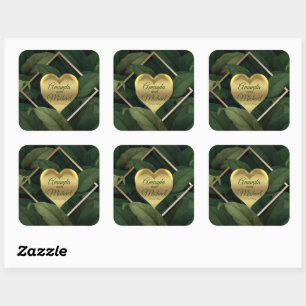 Sticker Carré Royal Dark Green Feuille Gold Frame Mariage