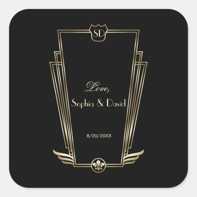 Sticker Carré Royal Gold Art Deco Monogram Mariage (Devant)