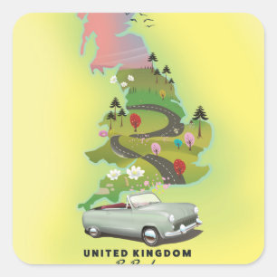 Sticker Carré Royaume-Uni ' Par la route ' Affiche de voyage vin