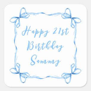 Sticker Carré Ruban Coquette Bleu Joyeux Anniversaire