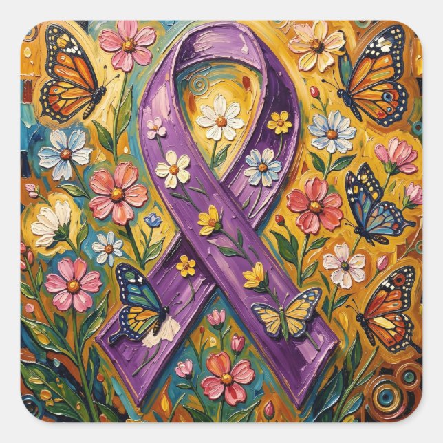 Sticker Carré Ruban de sensibilisation violet Fibro (Devant)