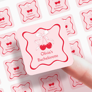 Sticker Carré Ruban ondulé rouge et rose Cerise sur le dessus Fa