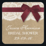 Sticker Carré Ruban Rouge Sur Fête des mariées Kraft & Dentelle<br><div class="desc">Ce ruban rouge rustique avec arc sur kraft & dentelle nuptiale autocollants sera l'accessoire parfait pour toute future mariée! Le design comprend un joli arrière - plan rustique effet kraft avec une coupe en dentelle blanche vintage romantique finie par un ruban rouge avec arc. Ces autocollants peuvent être personnalisés pour...</div>