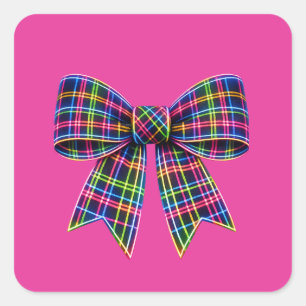 Sticker Carré Ruban Tartan à Nœud Néon Rose Écossais Mignon