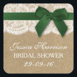Sticker Carré Ruban Vert Sur Fête des mariées Kraft & Dentelle<br><div class="desc">Ces rubans vert rustique avec arc sur kraft & dentelle nuptiale autocollants seront l'accessoire parfait pour toute future mariée! Le design comprend un joli arrière - plan rustique effet kraft avec une coupe en dentelle blanche vintage romantique finie par un ruban vert avec arc. Ces autocollants peuvent être personnalisés pour...</div>
