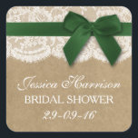 Sticker Carré Ruban Vert Sur Fête des mariées Kraft & Dentelle<br><div class="desc">Ces rubans vert rustique avec arc sur kraft & dentelle nuptiale autocollants seront l'accessoire parfait pour toute future mariée! Le design comprend un joli arrière - plan rustique effet kraft avec une coupe en dentelle blanche vintage romantique finie par un ruban vert avec arc. Ces autocollants peuvent être personnalisés pour...</div>