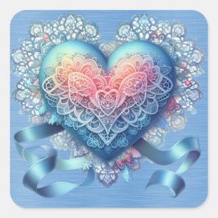 Sticker Carré Rubans en dentelle bleue Valentine Coeur