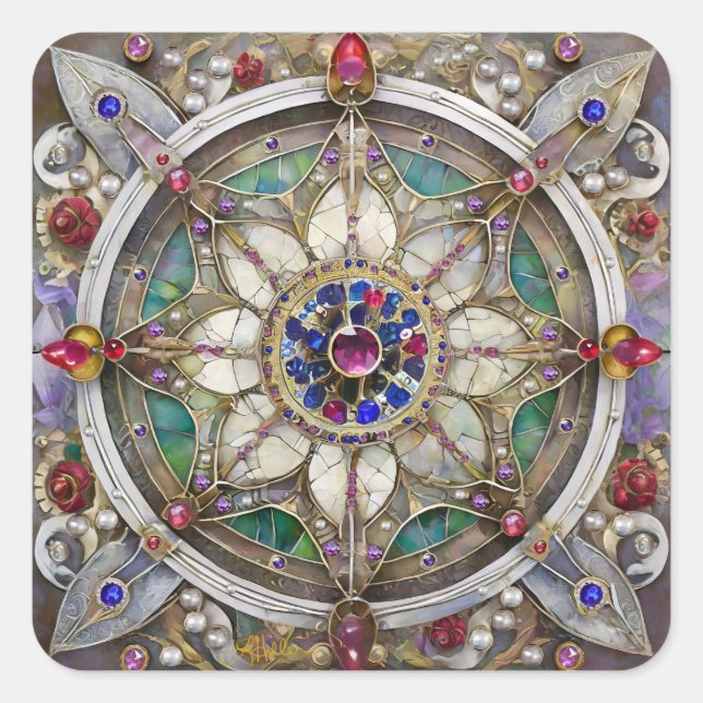 Sticker Carré Ruby, Amethyst, Sapphire et Pearl Mandala (Devant)