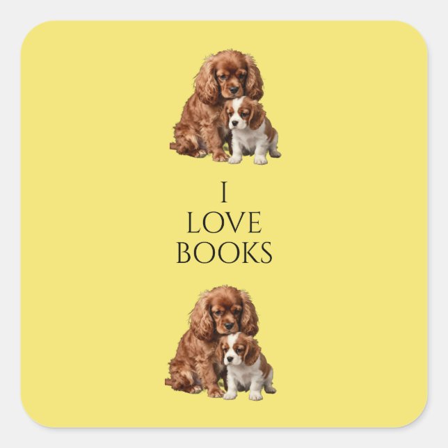 Sticker Carré Ruby Cavalier Spaniel et son chiot Blenheim (Devant)