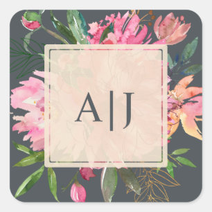 Sticker Carré Ruby Pink Peony Floral Monogramme botanique