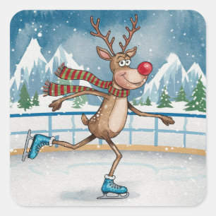 Sticker Carré Rudolph maigre sur glace Patins Noël